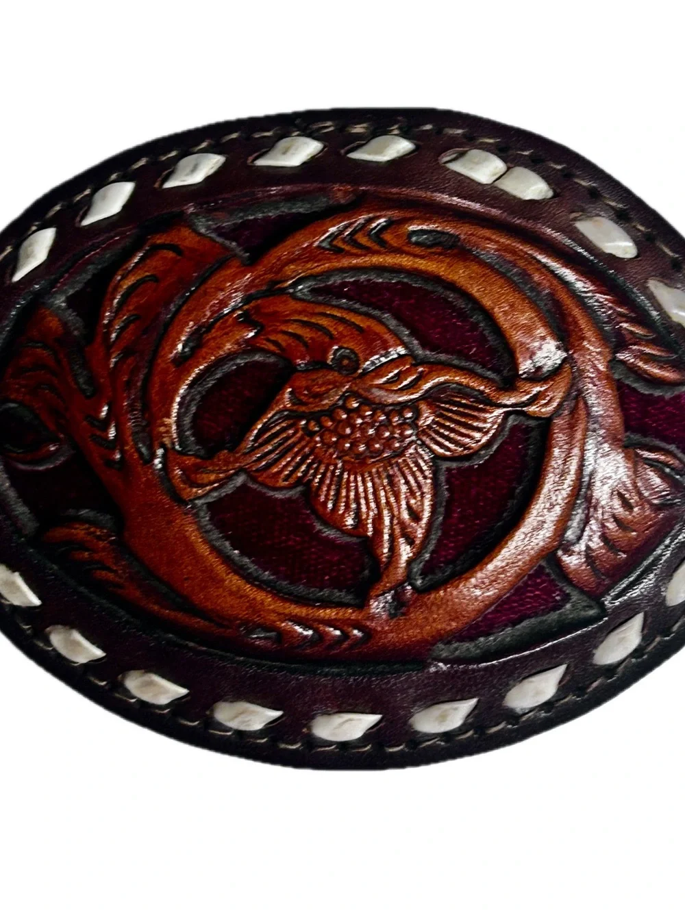 Vintage ~Hand-Tooled Brown Floral Leather Backstitching Belt Buckle W/Red Inlay